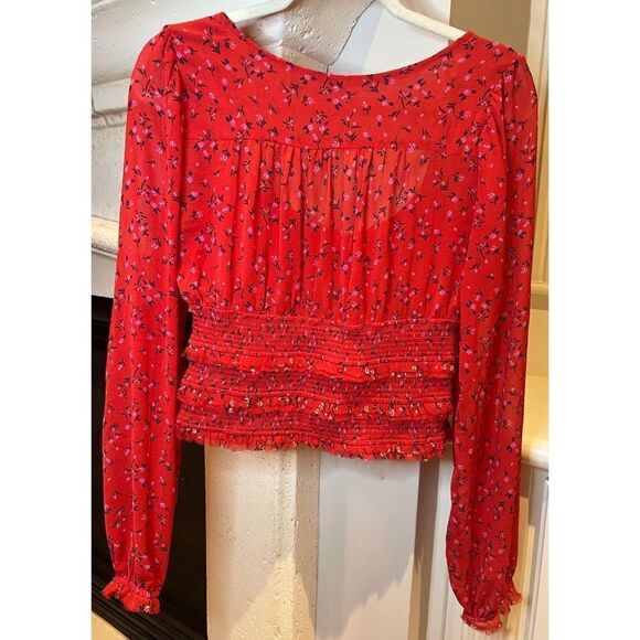 Free People Lolita Top Red Women's Keyhole Floral Pouf Square Neck Blouse Sz M - Picture 7 of 13